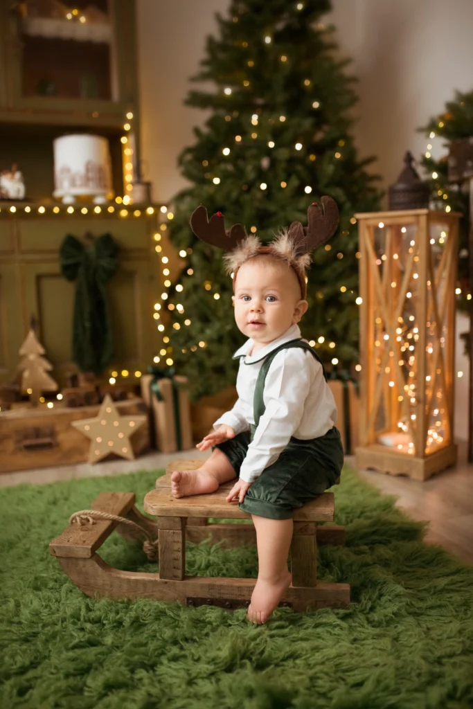 bambino orecchie renna su slittino